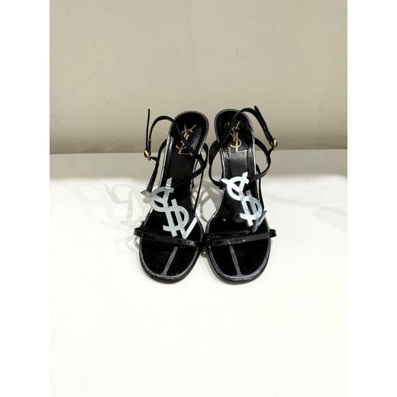 Saint Laurent YSL Patent-Leather Heeled Slingback Sandals Black Women's EU 37 - Picture 2 of 6